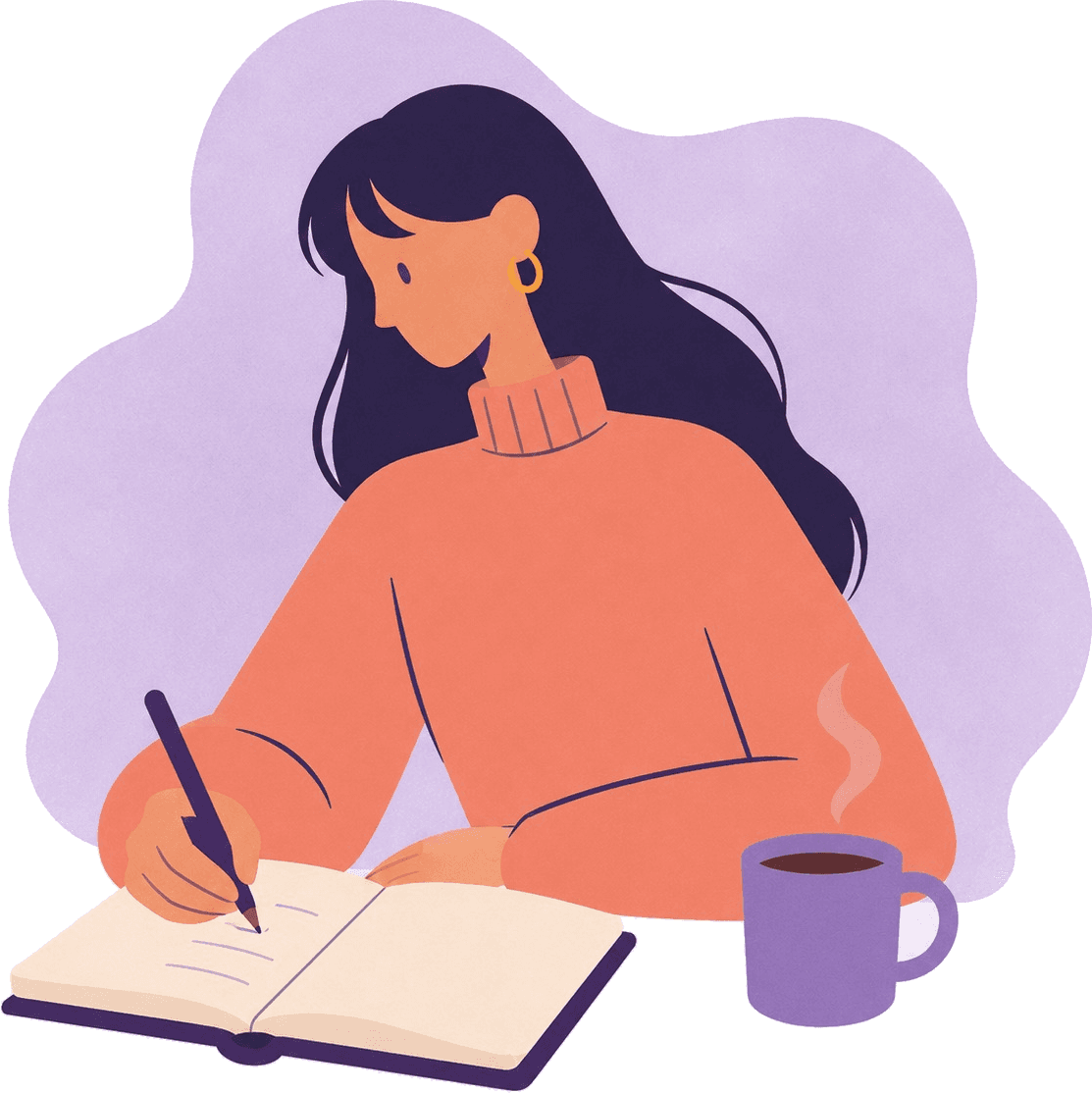 Ilustración de una mujer escribiendo en un cuaderno junto a una taza de café, sobre una mancha lila